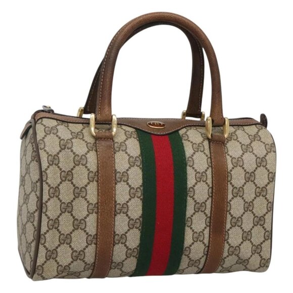 GUCCI GG Supreme Web Sherry Line Boston Bag PVC Red Green beige Auth 120065 - Picture 1 of 16